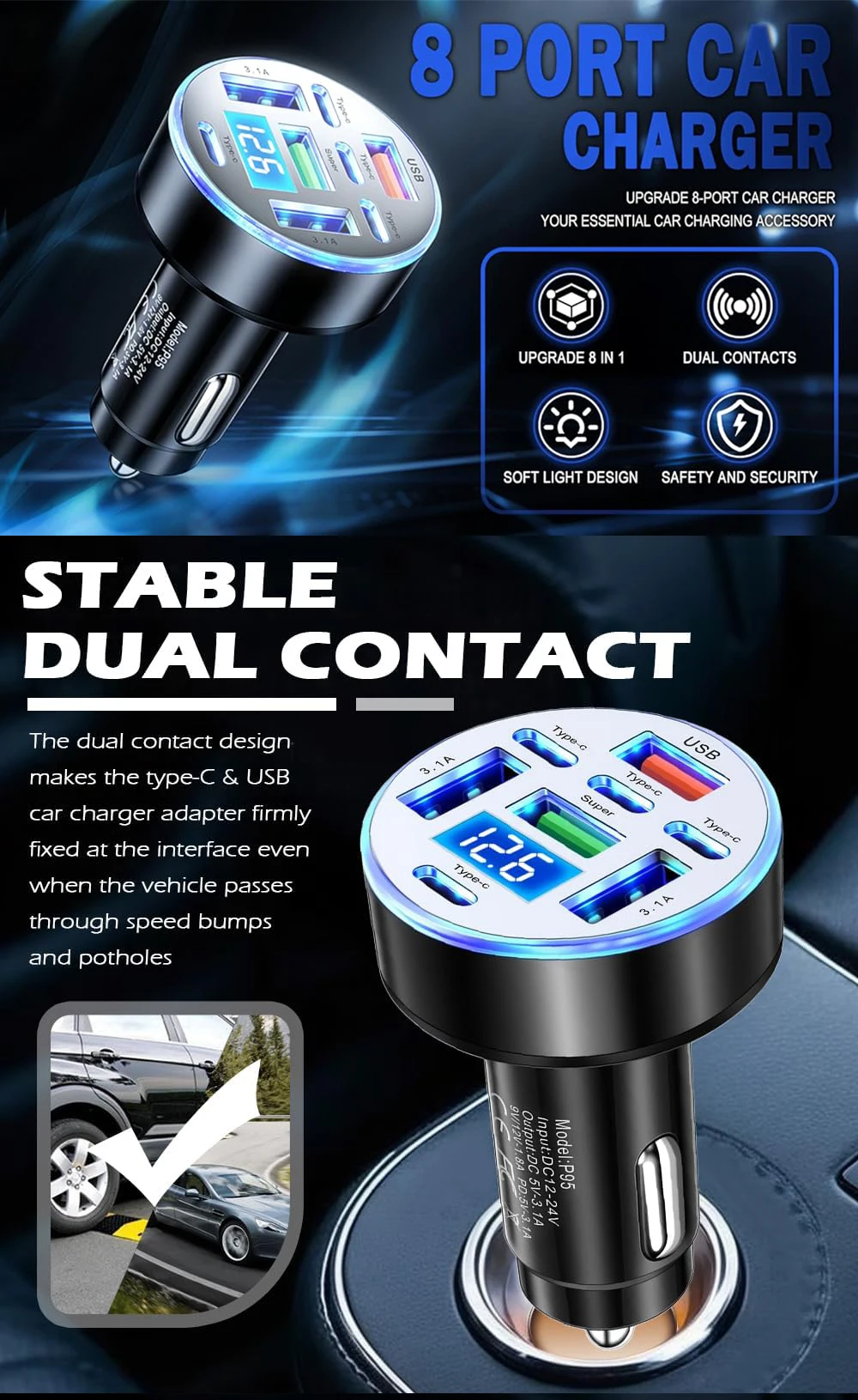 UYUXIO Multi-Port USB-C Auto-Ladegerät Adapter 8-in-1 mit Spannungsanzeige QC 4.0 PPS Superschnelles Laden mit Voltmeter – Detail 1