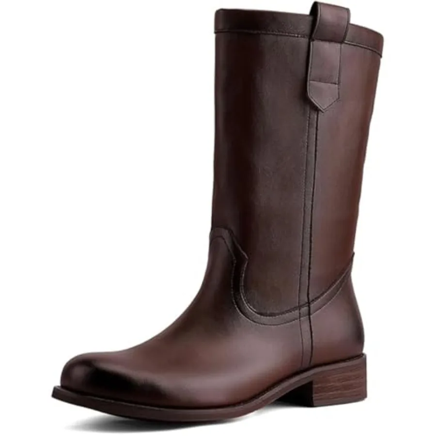 

Women's Mid Calf Riding Boots with Chunky Heel, Pull On Classic Boots, Comfortable Round Toe Casual Dress Boots for Daily Party