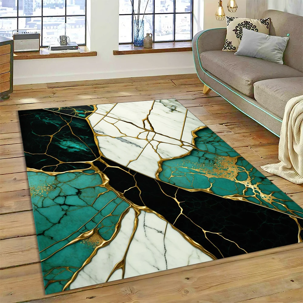 3D Colour Marble World Map Blue Green Gold Carpet Rug for Home Living Room Bedroom Sofa Doormat Decor,Kids Area Rug Non-slip Mat