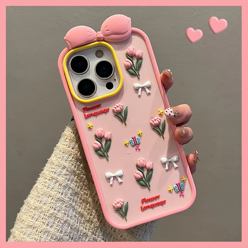 

Cute 3D Tulips Lovely Flowers Phone Case for IPhone 16 14 15 Pro Max 13 16 Pro 15 Pro 14pro 13pro Silicone Soft Shockproof Cover