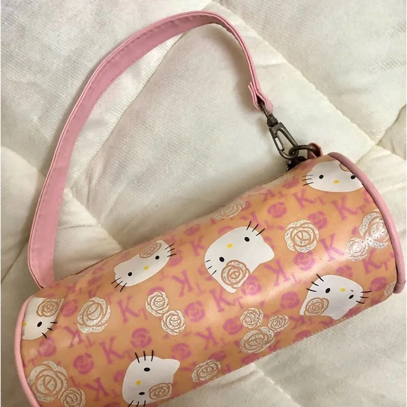 Sanrio Hello Kitty Shoulder Bag Style Girls Zipper Bag Cute Originality Middle Ancient Style Pink Dopamine Cylindrical Package