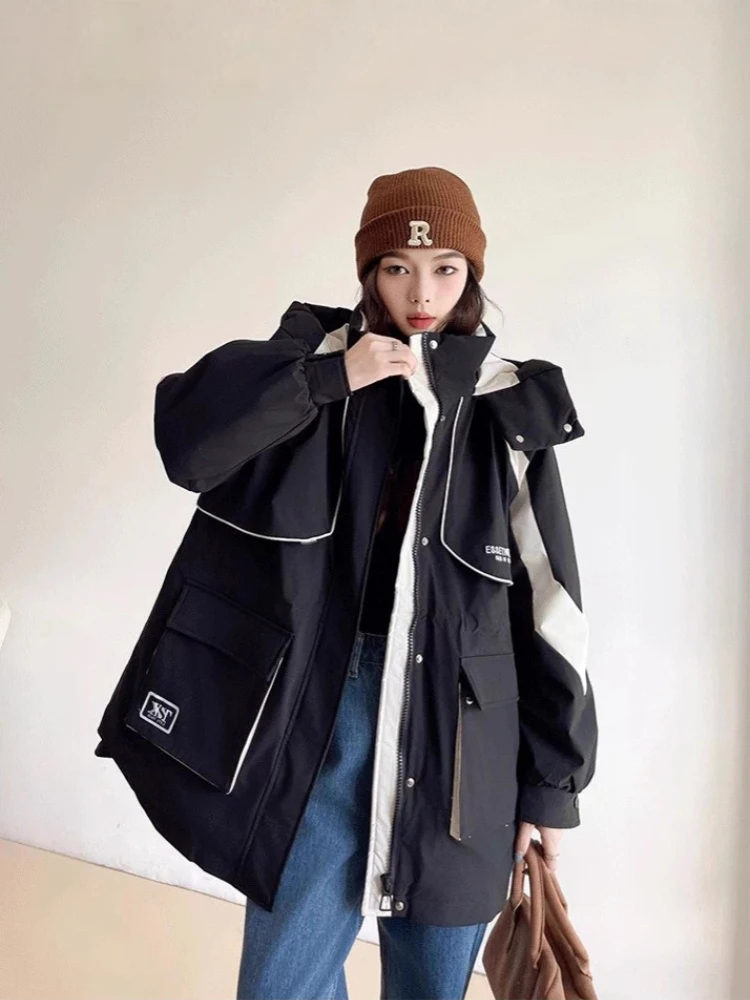 2025 겨울 여성용 신상 탈부착 후드 다운 재킷 컬러 블록 워크웨어 파카 오버코트 여성용 두꺼운 따뜻한 코트