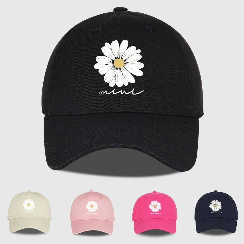 Mini Daisy Print Baseball Cap for Men and Women: Minimalist Style with “mini” Lettering, Adjustable Dad Cap, Casual Sun Hat