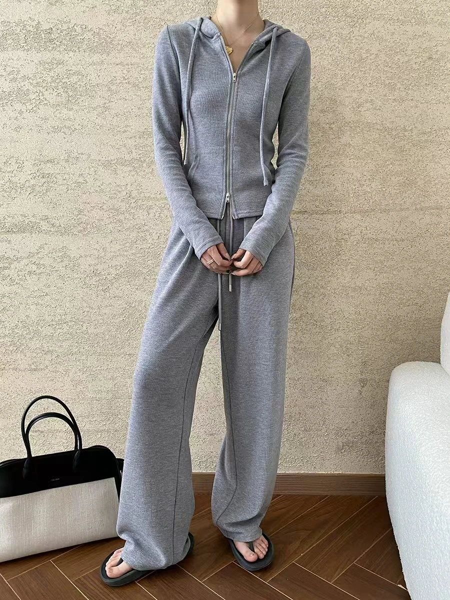 Fashionable Waist Pinching Style Gray Gray Hooded Double Zipper Jacket and Slacks Two Sets