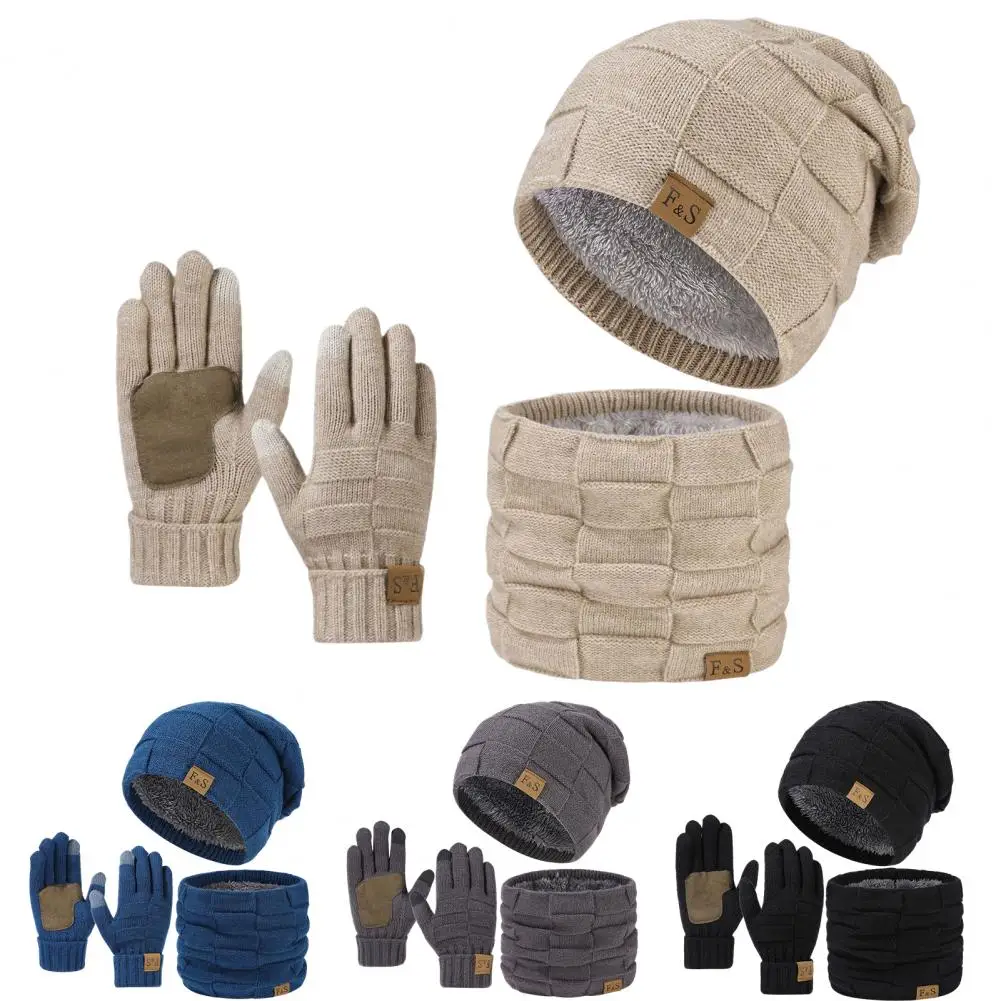 3 Pcs/Set Hat Scarf Glove Set Knitted Warm Cap Gloves Ear Windproof Winter Cycling Skiing Dome Cap Neck Wrap Set