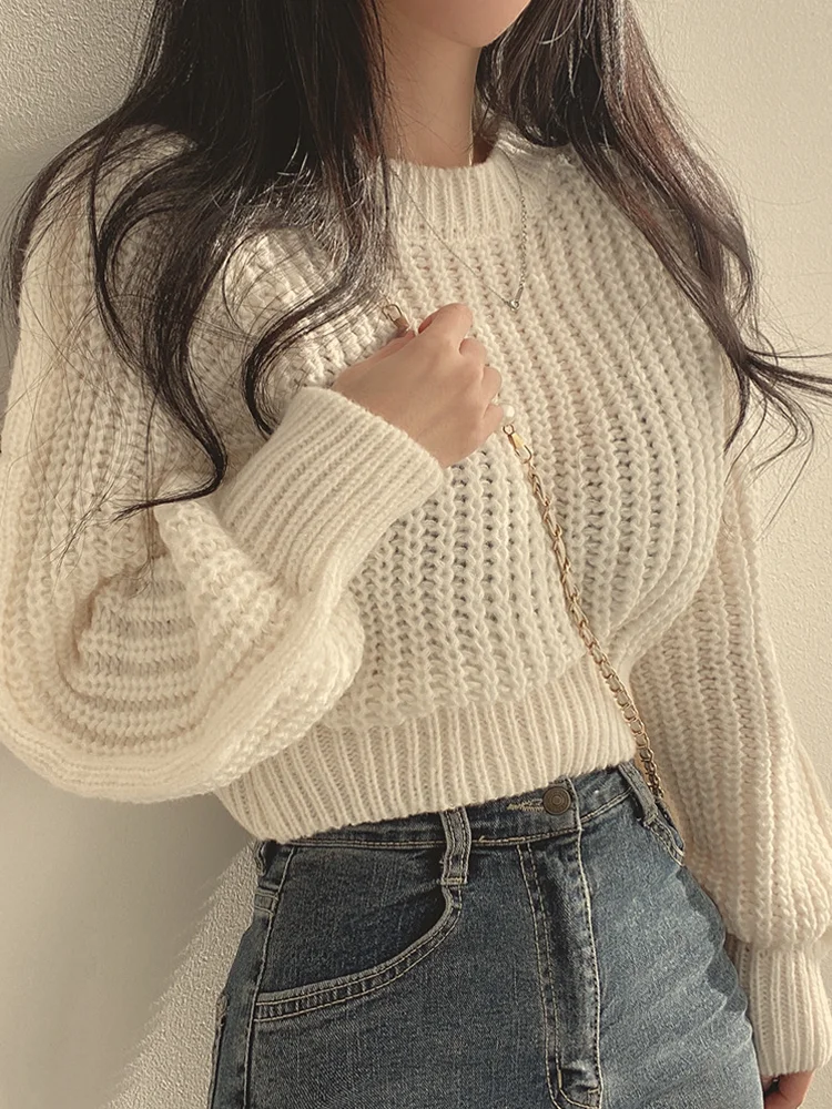 

Vintage Knitted Sweater Women Autumn Winter Long Sleeve O Neck Cropped Pullover Ladies Korean Fashion Solid Color Loose Knitwear