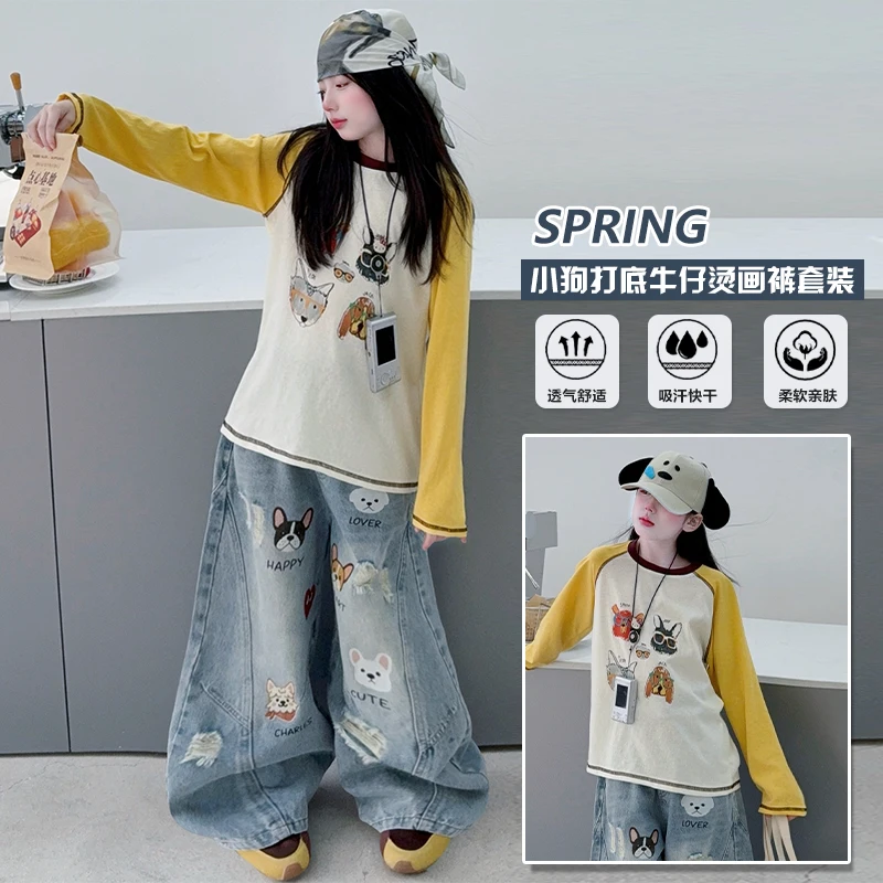 Kids Denim Tee Top&Jeans Bottom Suit Child 2Pice Of Clothing Set 4-14Y Tween Child Fashion Jeans Casual Cartoon Dog Printed Sets