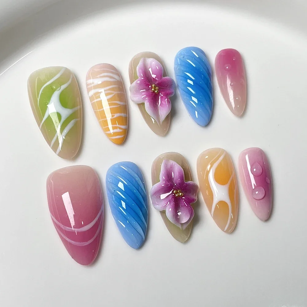 10Pcs Y2K Handmade Duckbill Long Coffin Almond French False Nails Spice Girl 3D Flowers Diamond Pearl Wearable Press On Nails
