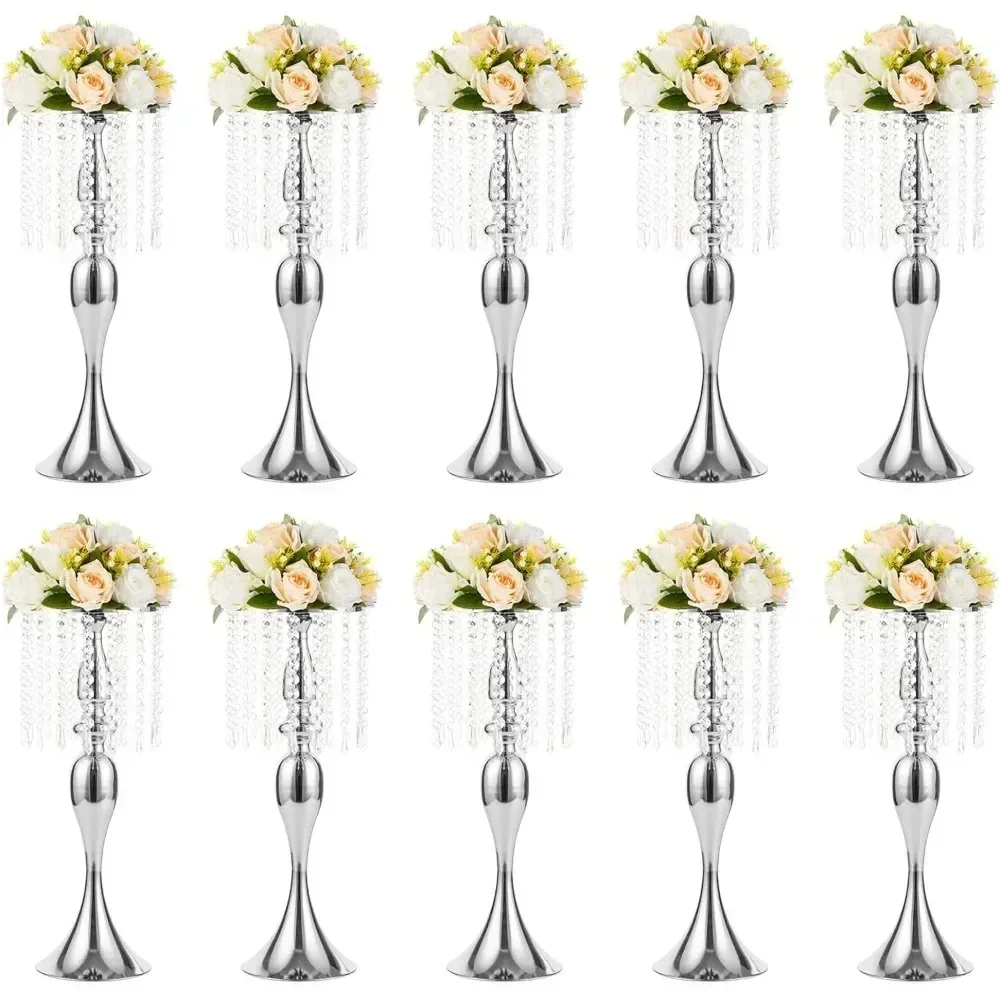

# Hot Sales 10 Pcs Silver Wedding Centerpieces Flower Stand Room DecorCenterpiece Crystal Metal Vase Flower Holders Home Vases
