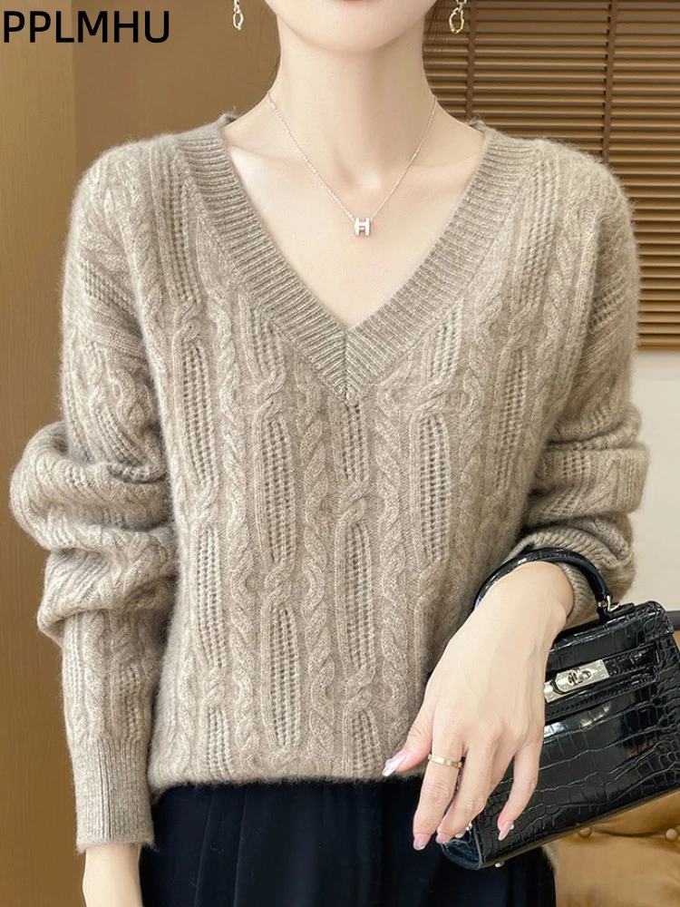 

V-Neck Soft Bottom Knitted Sweater Women's Casual Baggy Fashion Tops Knitwear Pullover Loose Long Sleeved Top Sueter Jumpers