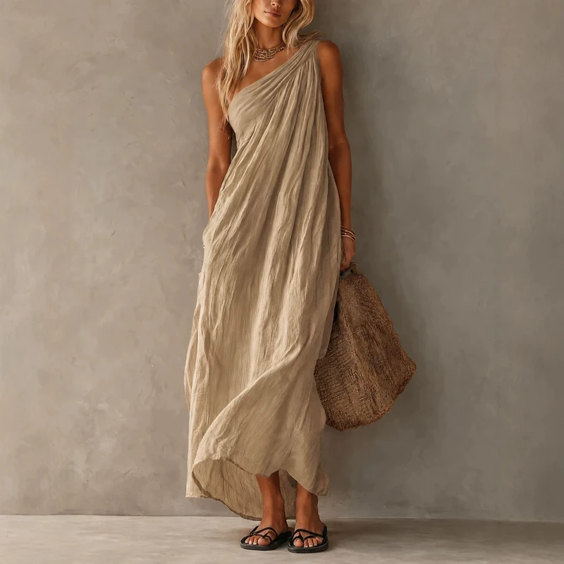 Nouvelle Robe Longue Asymétrique Unie à Col Biaisé et Bretelles, Robe de Plage Élégante pour Femme, Idéale pour les Vacances d'Été