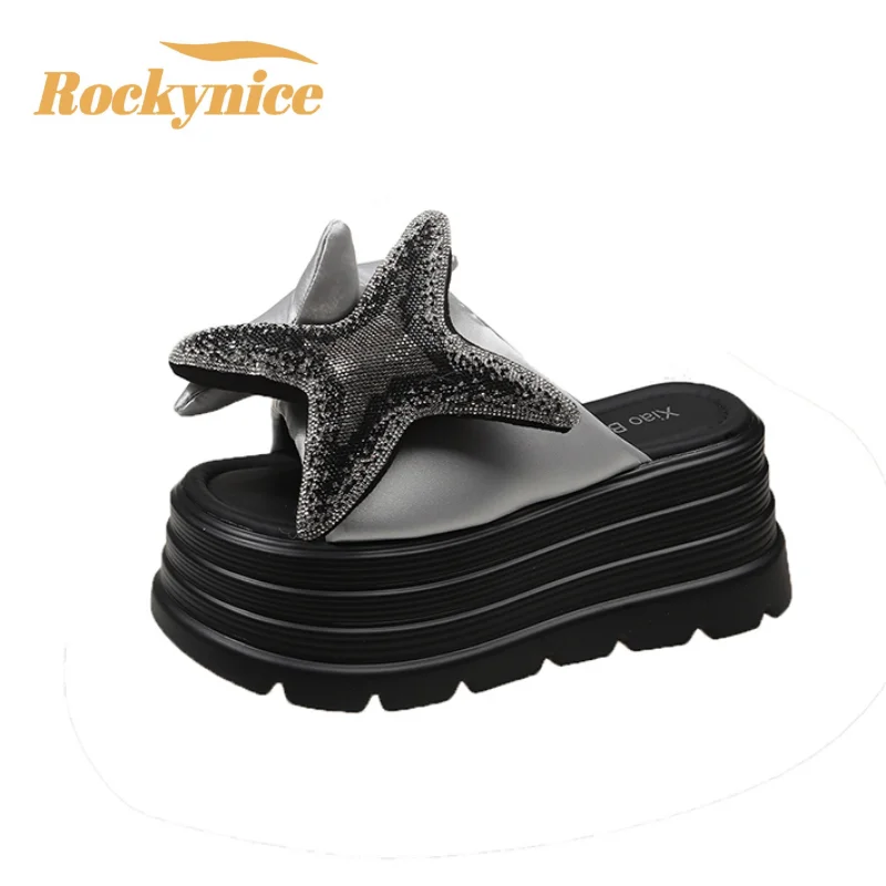 New 2025 Women Summer Bling Chunky Slippers High Platform Flip Flops 8CM Wedge Heels Slides Sweet Slip-on Sandals Beach Slippers