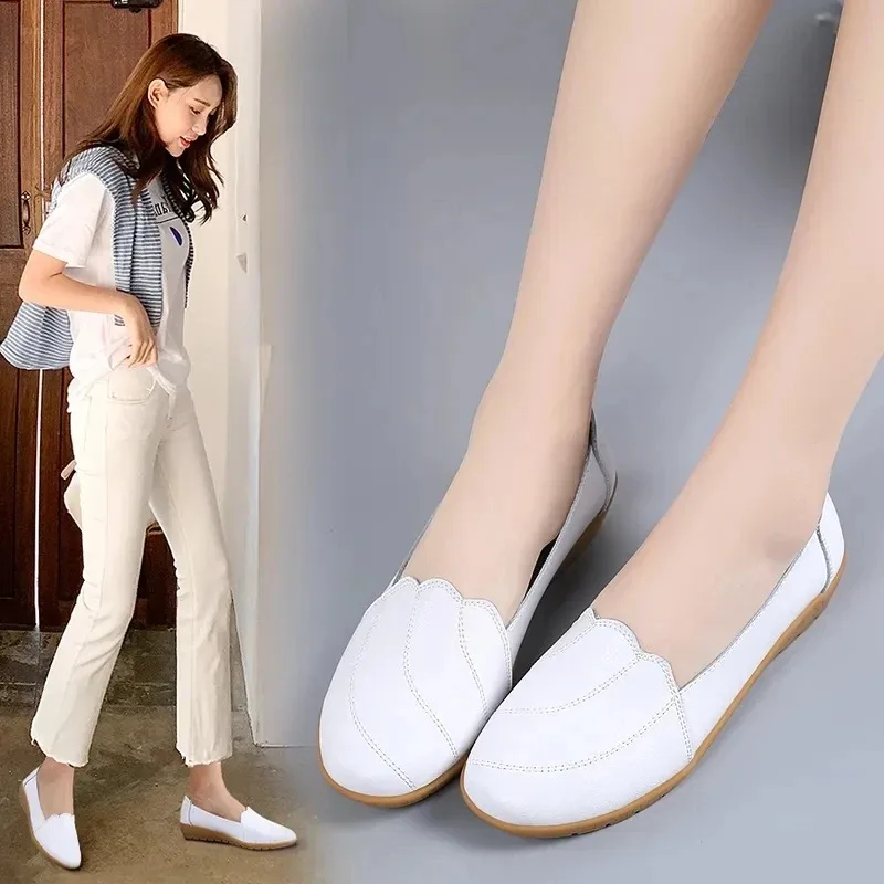 Genuine Leather Shoes For Women White  Summer Clssic Style 2024 Nurse Shoes Woman Leather Flats