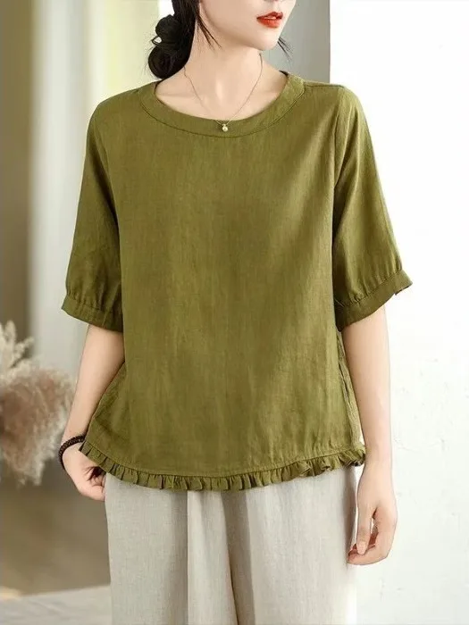 Retro Floral Lace Cotton Linen Short Sleeve Women's T-shirt Brand Tag Removed Fashionable Versatile Summer Top Shoulder Size