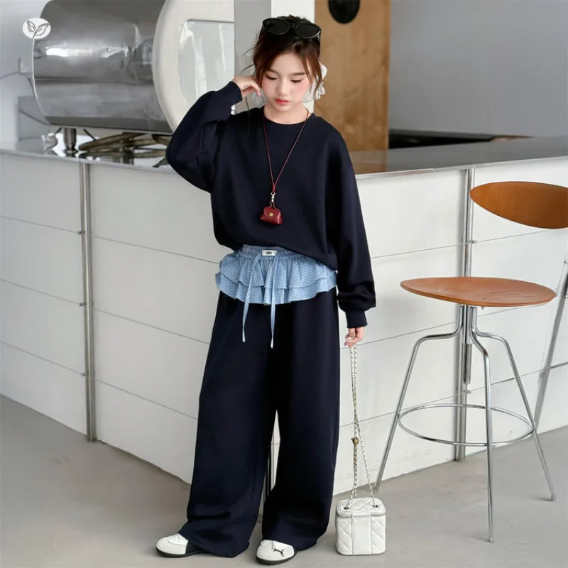 Girls Suits Autumn Kids Stylish Round Collar Sweatshirt  + Ruffled Wide Leg Pants 2Pcs Set Casual Children Clothes Tracksuit