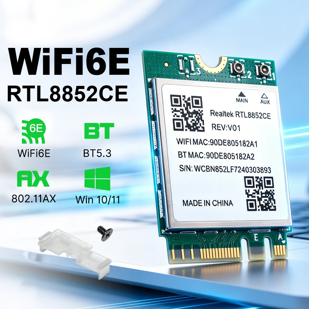 M.2 WiFi 6E Triple Band 5374Mbps Bluetooth 5.3 Adapter Gigabit Wireless Dongle RTL8852CE 802.11ax Network Card for Windows 10/11