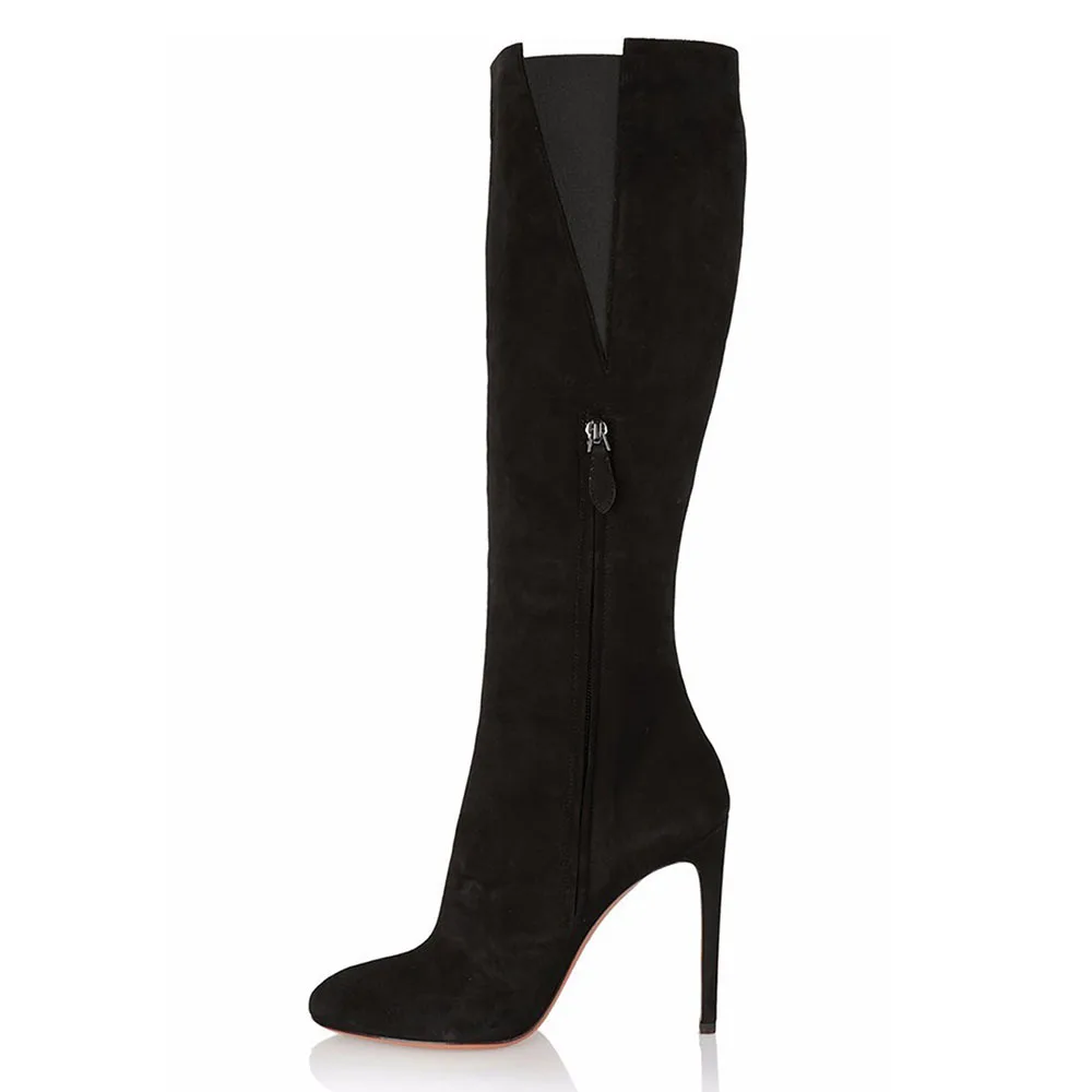 

Round Toe High-Heeled Knee-High Boots Pure Black Suede Leather Botines Simple High-Heeled Women Botas Femininas Chaussure Femme