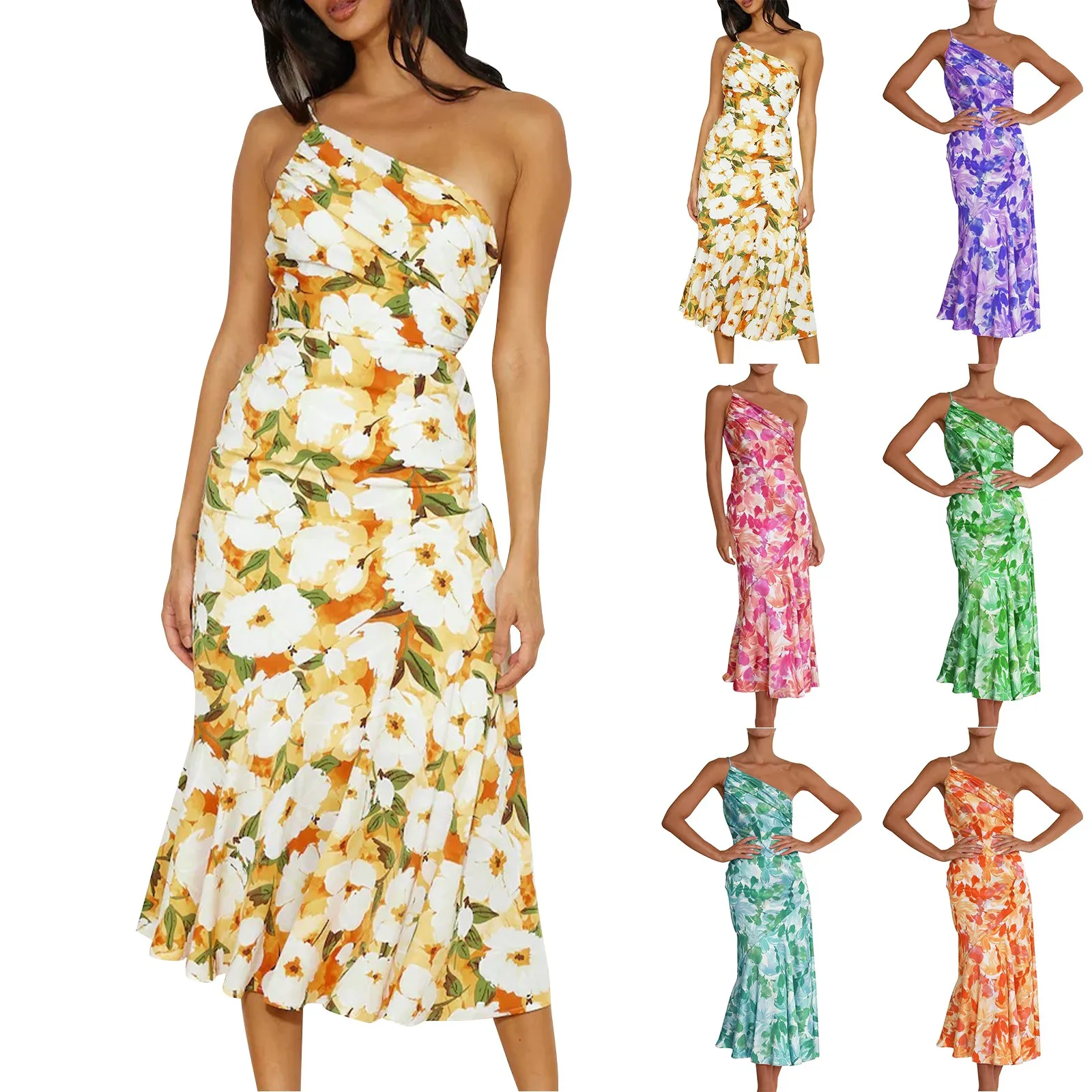 Eleganckie ukośne ramiona plisowane kwiatowy Print Spaghetti sukienki dla kobiet 2024 seksowny pasek z odkrytymi plecami letnia sukienka Midi Vestidos — zdjęcie 3