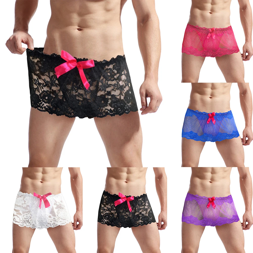 Mens Lace Flat Boxer Homme G-string Sissy Pouch Panties Thong Bikini Lightweight Briefs Gay Underwear Male Elastic Lingerie