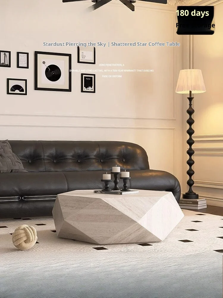 

Travertine rock slab coffee table diamond cream retro style Italian rock slab home modern minimalist designer minimalist coffee