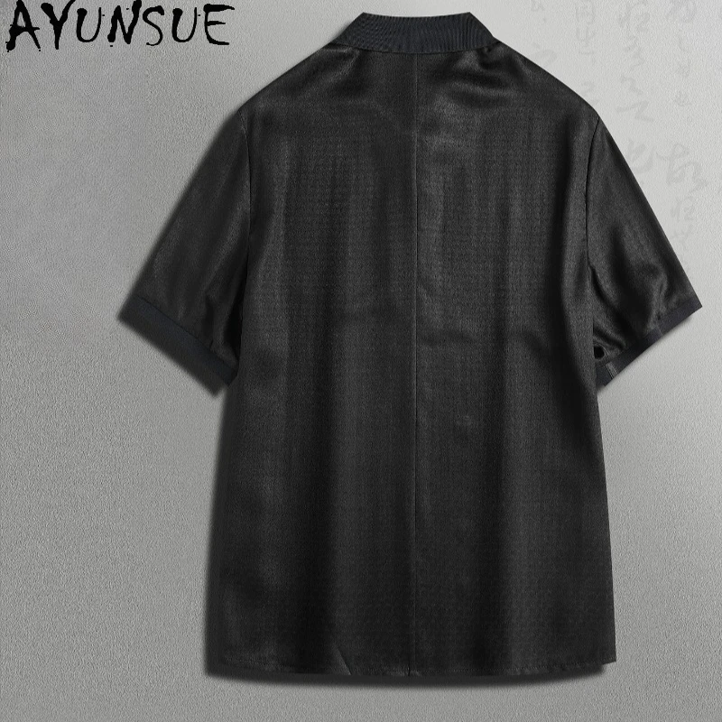 AYUNSUE Luxury Watered Gauze Polo Shirts Man 100% Real Mulberry Silk Jacquard Polo T Shirts for Men Short Sleeve Polo Shirt 2026