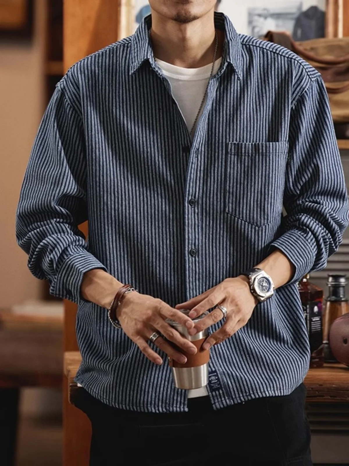 

Retro Men's irt Loose Casual Long Sve Striped Outerwear Autumn 2024 Trendy American Sle Classic Pointed Collar