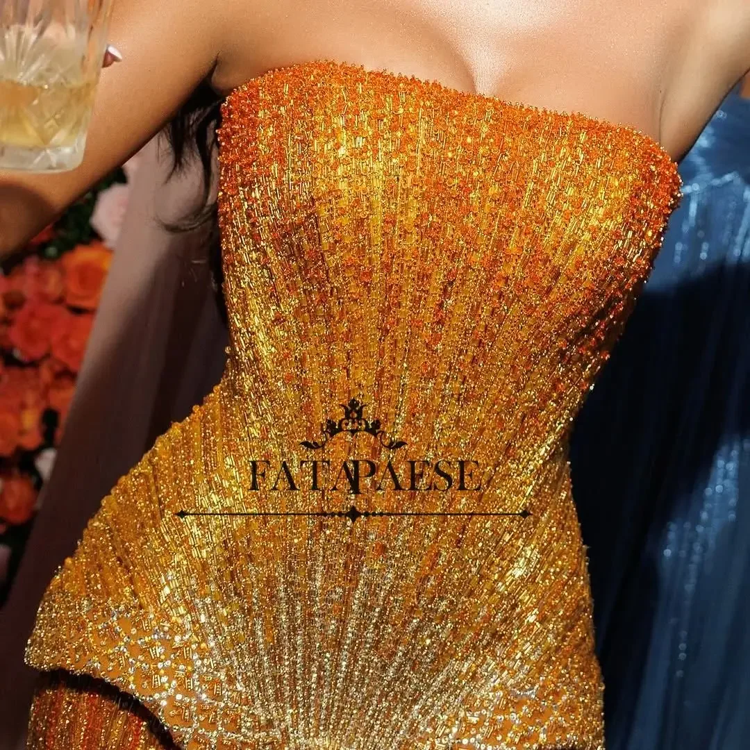 

FATAPAESE Luxury Evening Dresses 2026 Beads Stones Gold Arabic Dresses for Engagement Wedding Guest Dress فساتين سهرة