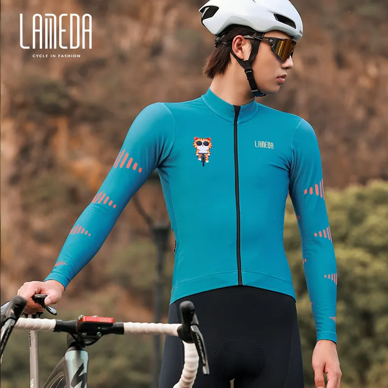 Lameda Waterproof Cycling Clothing Men Fleece Long Sleeve Suit For Autumn Winter Warm Cat Pattern Cycling Suit For Men