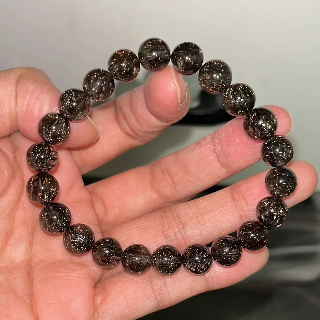 Natural Black Copper Rutilated Quartz Titanium Bracelet 8.6mm Rare Women Clear Round Beads Wealthy From Brazil AAAAA