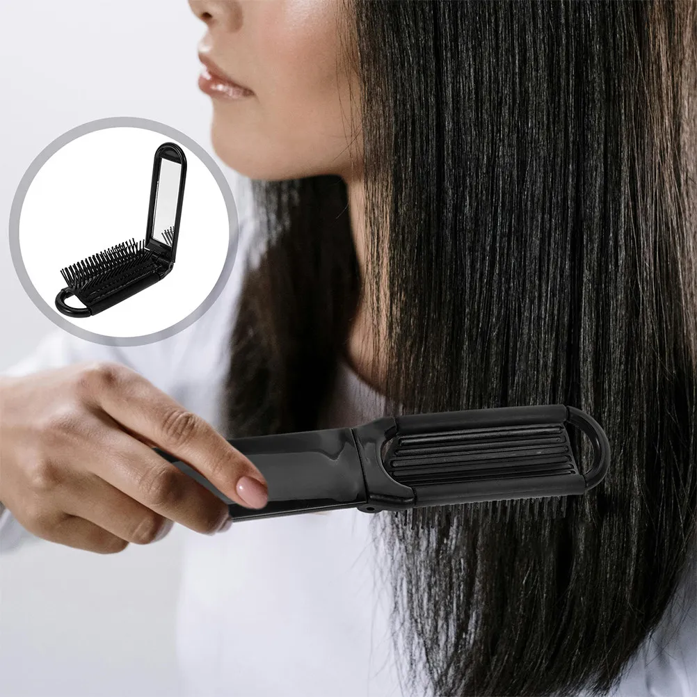 2Pcs Folding Pocket Hair Brush with Mirror Compact Travel Styling Tool Antistatic Bristles Hd Reflection Touchup Brush