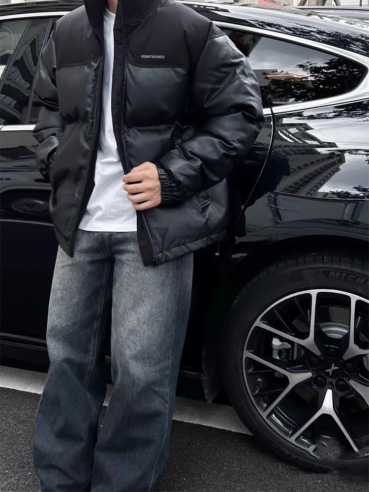 

Cleanfit American Splice PU Leather Cotton Jaet Men's Thiened Winter Coat Bread Sle Northeast Cold Resistance Cotton Cl...