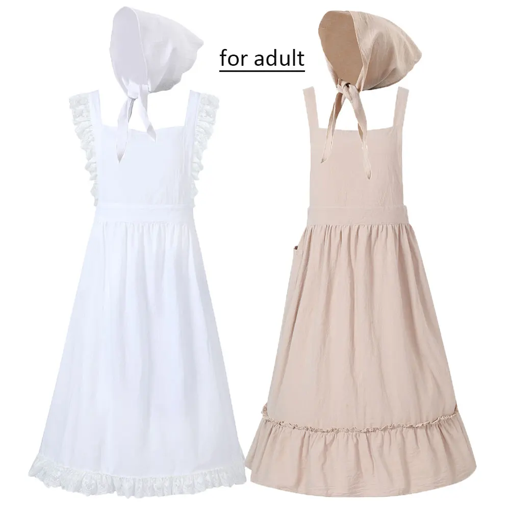 Umorden Literary Retro Lace Ruffle Long Apron Bonnet for Women Adult Pilgrim Girl Farm Village Pioneer Maid Costume Cotton Linen