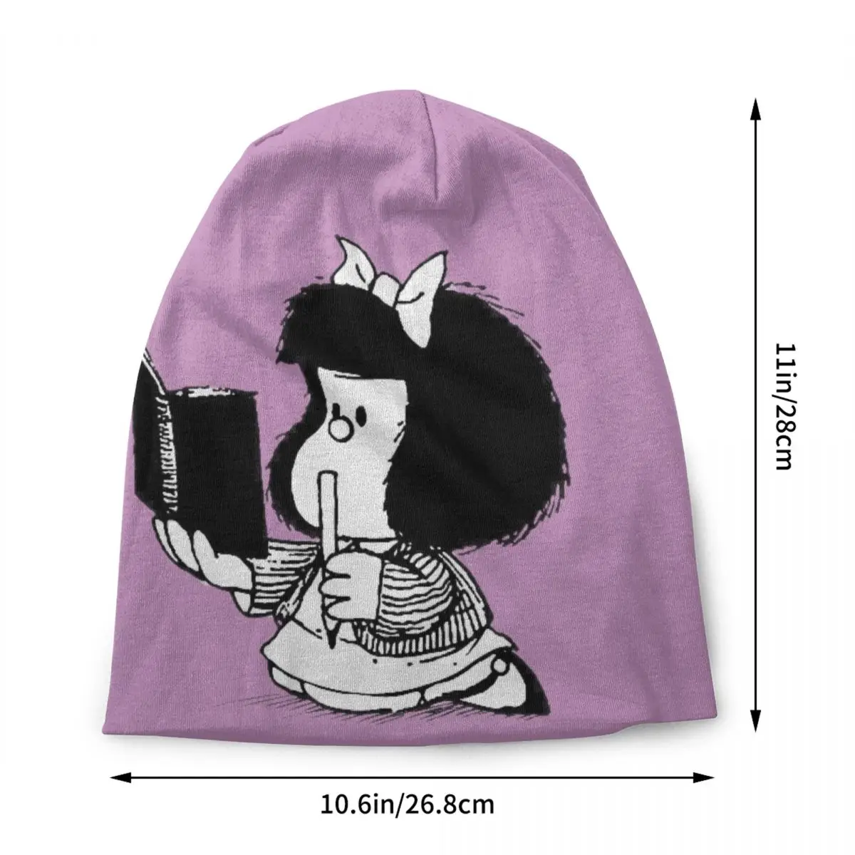 Custom Mafalda With Notebook Skullies Beanies Caps  Winter Warm Knit Hat  Adult Quino Comic Cartoon Bonnet Hats Outdoor Ski Cap