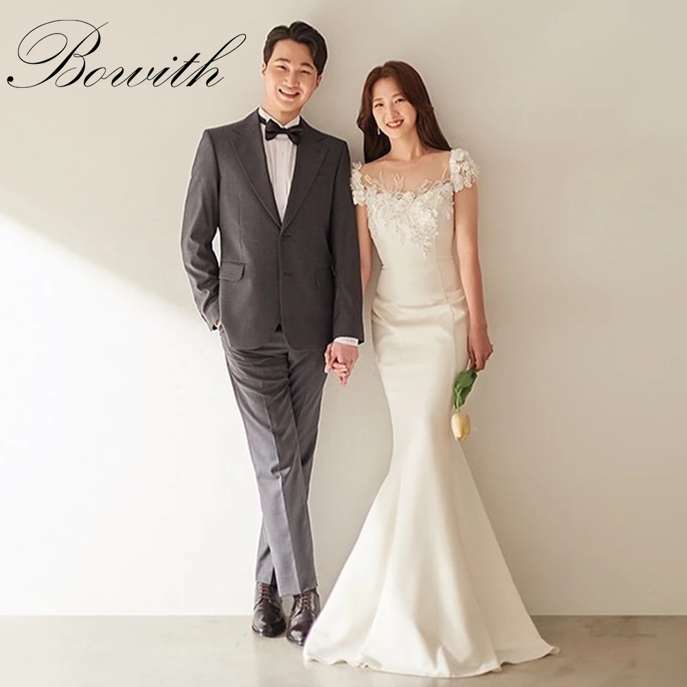 

Bowith Mermaid Korea Wedding Dresses Customized Luxury Lace Short Sleeves Wedding Reception Dress Floor-Length Bridal Gown