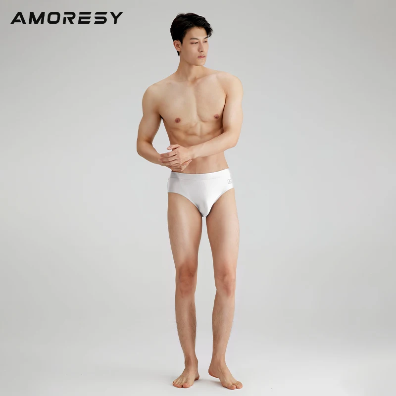 AMORESY Men Sexy Smooth Shiny Breathable Sports Underwear Low Waist Beach Stretch Soft Solid Quick Drying Briefs Swimming Trunks