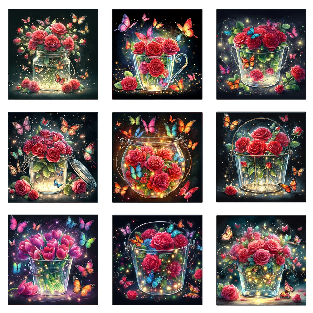 Diamond 5D Mosaic Stitch Glowing Flowers And Butterflies Painting DIY Rose Full Drills Embroidery Cross Stitch Kits Decor Gift