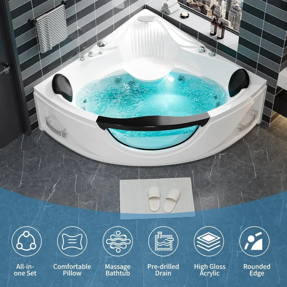 Acrylic Whirlpool Bathtub - Fan Shaped Corner Back To Wall Freestanding Whirlpool Tub, Therapy Hydro-Massage Soaking Tub With