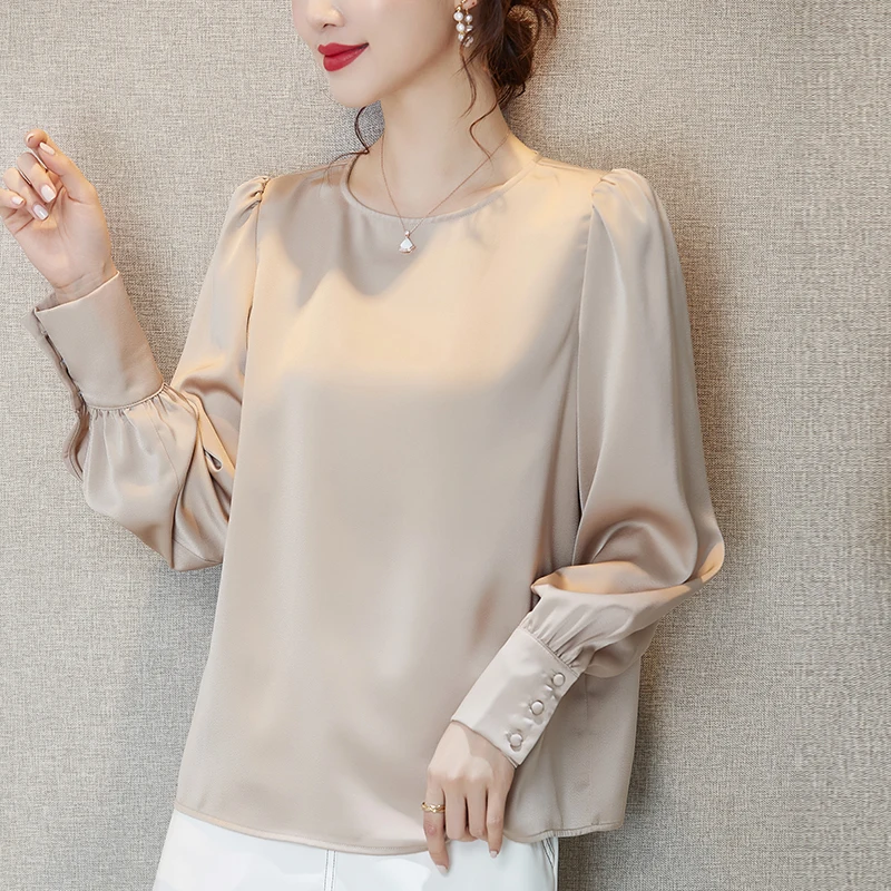 New Spring Women O-neck long sleeve ice silk Shirt White elegant Acetate satin Solid Blouse plus size Women Tops blusas mujer