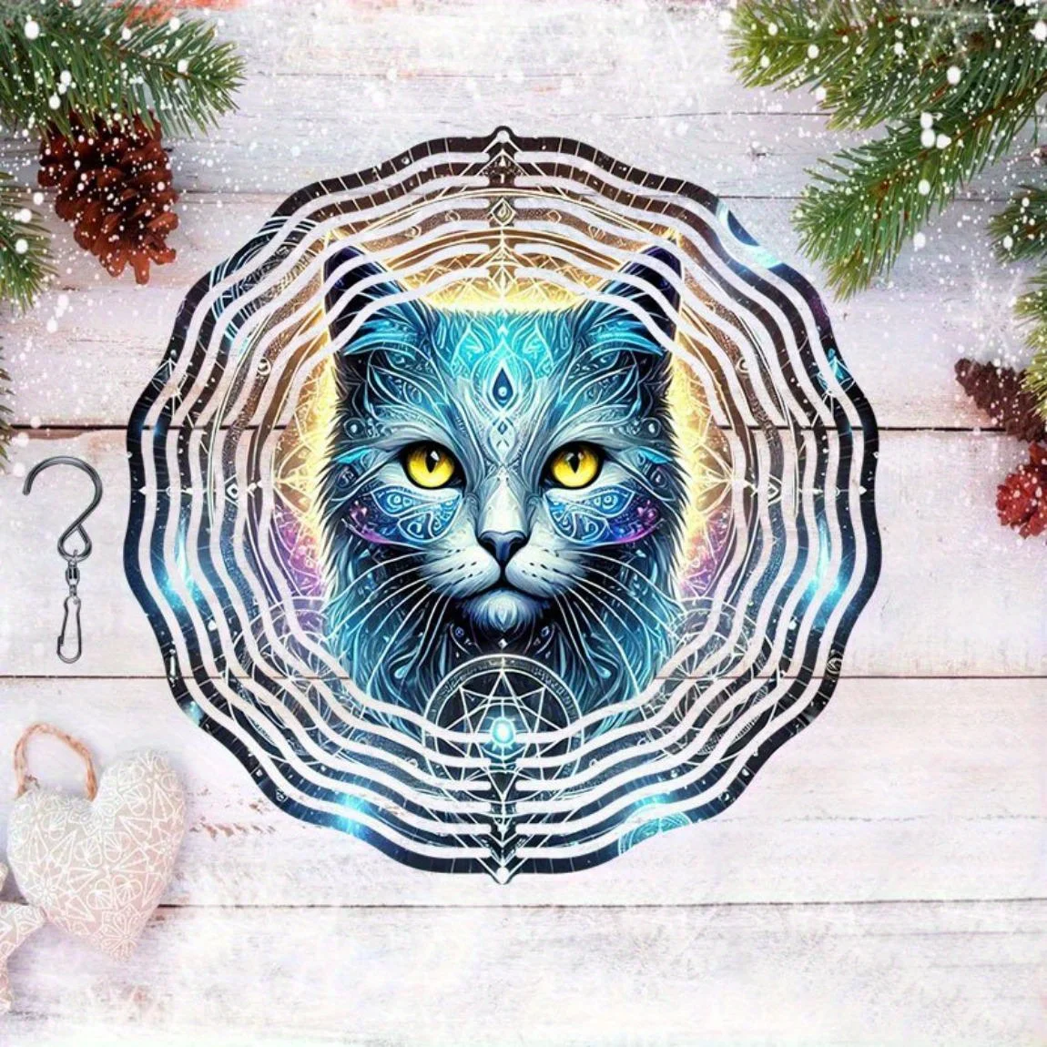 CIFBUY Metal Wind Chime Wind Spinner Outdoor Garden Decor Mysterious Cat 2D Moving Art Ornament Yard Patio Gift Ornament