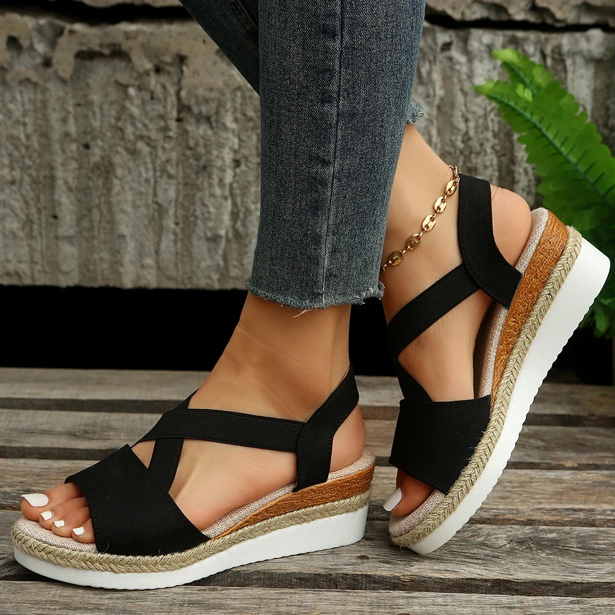 New Fashion Women Summer Thick-soled Open-toed Sandals Women's Hemp Rope Woven Wedge Sandals Amazon Sandals