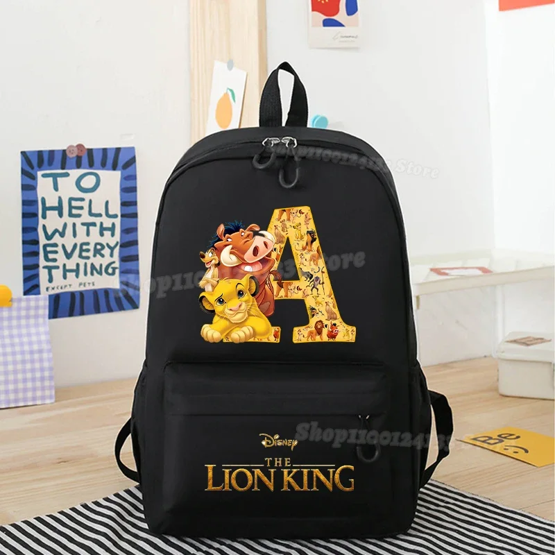 Lion King Simba Child Boys Student School Bag Letter A-Z Disney Pumbaa Cartoon Print Backpack Rucksack Book Pen Storage Knapsack