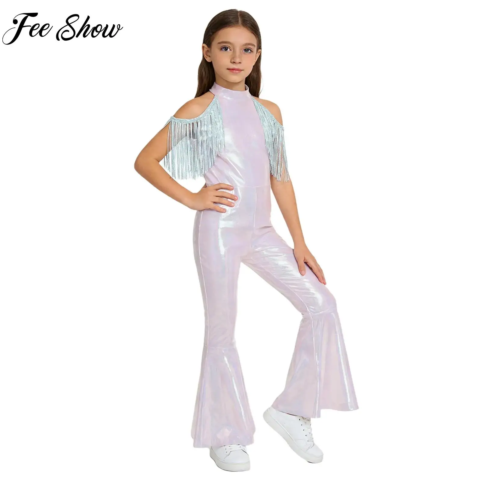 

Kids Girls Metallic Jazz Contemporary Jumpsuit Tassel Sequin Shiny Bell-Bottom Costume Rhythmic Hippie Stage Performance Leotard