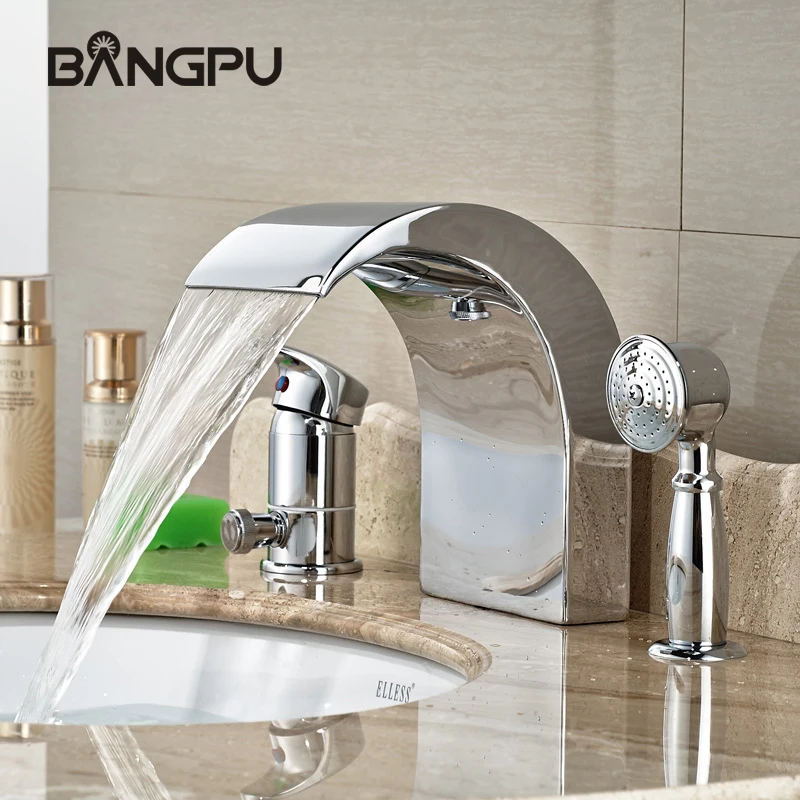 

3 Hole Roman Bathtub Faucet Set Deck Mounted Waterfall Tub Faucet with Hand Shower Modern Waterfall Bath Tub Faucet Kit Chrome