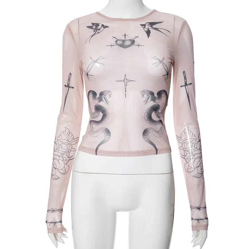 Totem Print Mesh Sexy Club Women Tops O Neck Long Sleeve Streetwear Fashion Sheath Slim See Through T-Shirts Female Tee