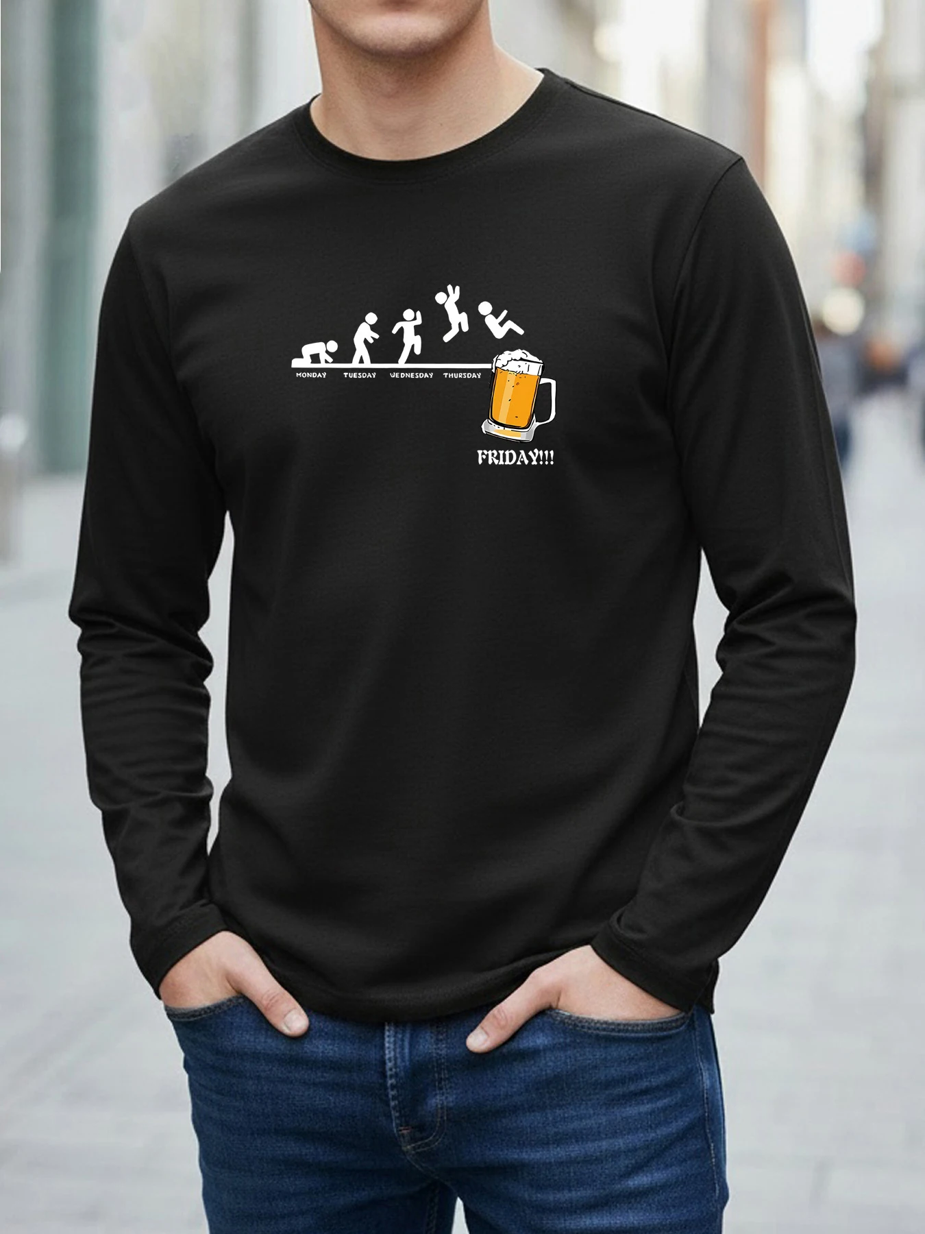 2026 New Men's Long-Sleeve “Beer Friday” Print Round-Neck Loose-Fit T-Shirt Sports Fitness Plus Size Streetwear Men's Top
