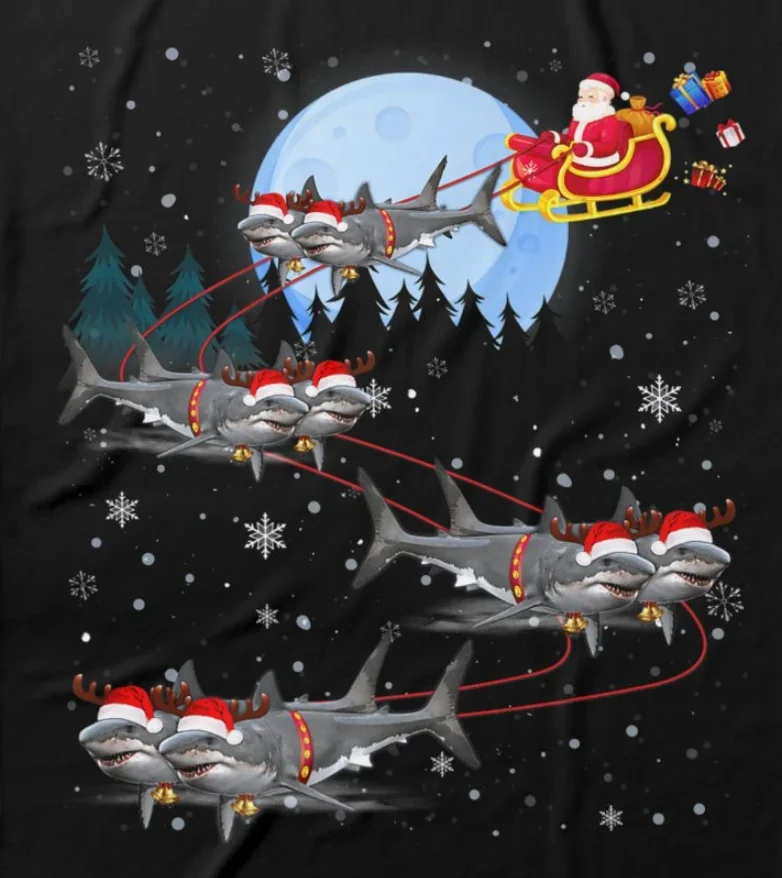 

Santa Reindeer Shark Sleigh Christmas Xmas Gift T-Shirt 100% Cotton O-Neck Summer Short Sleeve Casual Mens T-shirt Size S-3XL