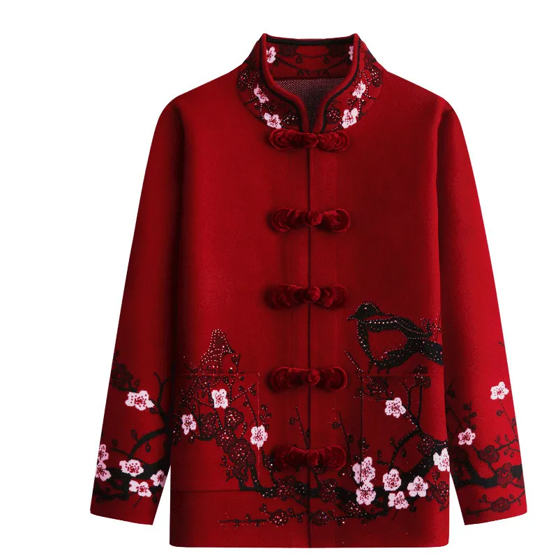 

Print Vintage Middle Aged Mother Stand Collar Long-sleeved Cardigan Women Jacket Knitted Sweaters Coat Autumn Winter Grandma Top