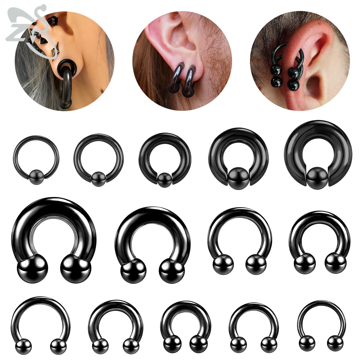 ZS 1 sztuka czarny kolor 2/4/6/8/10/12G pierścień przegrody podkowa ze stali nierdzewnej piercing nosa Punk duży miernik nosa ucha Expander