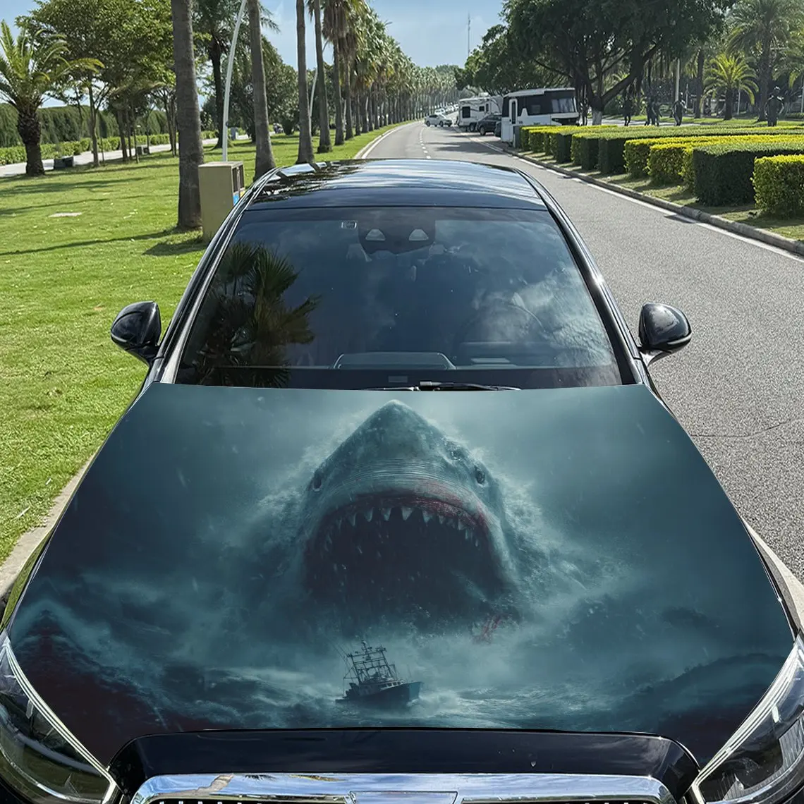 

Stormy Shark Car Vinyl Wrap, PVC Material Waterproof Car Hood Sticker, Self-Adhesive Scratch-Resistant Stickers for Engine Cover