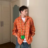 Loose Long Sleeve Plaid Shirt Casual American Retro Orange Pattern Couple Lazy Shirt Men's Fashion Comfortable Breathable